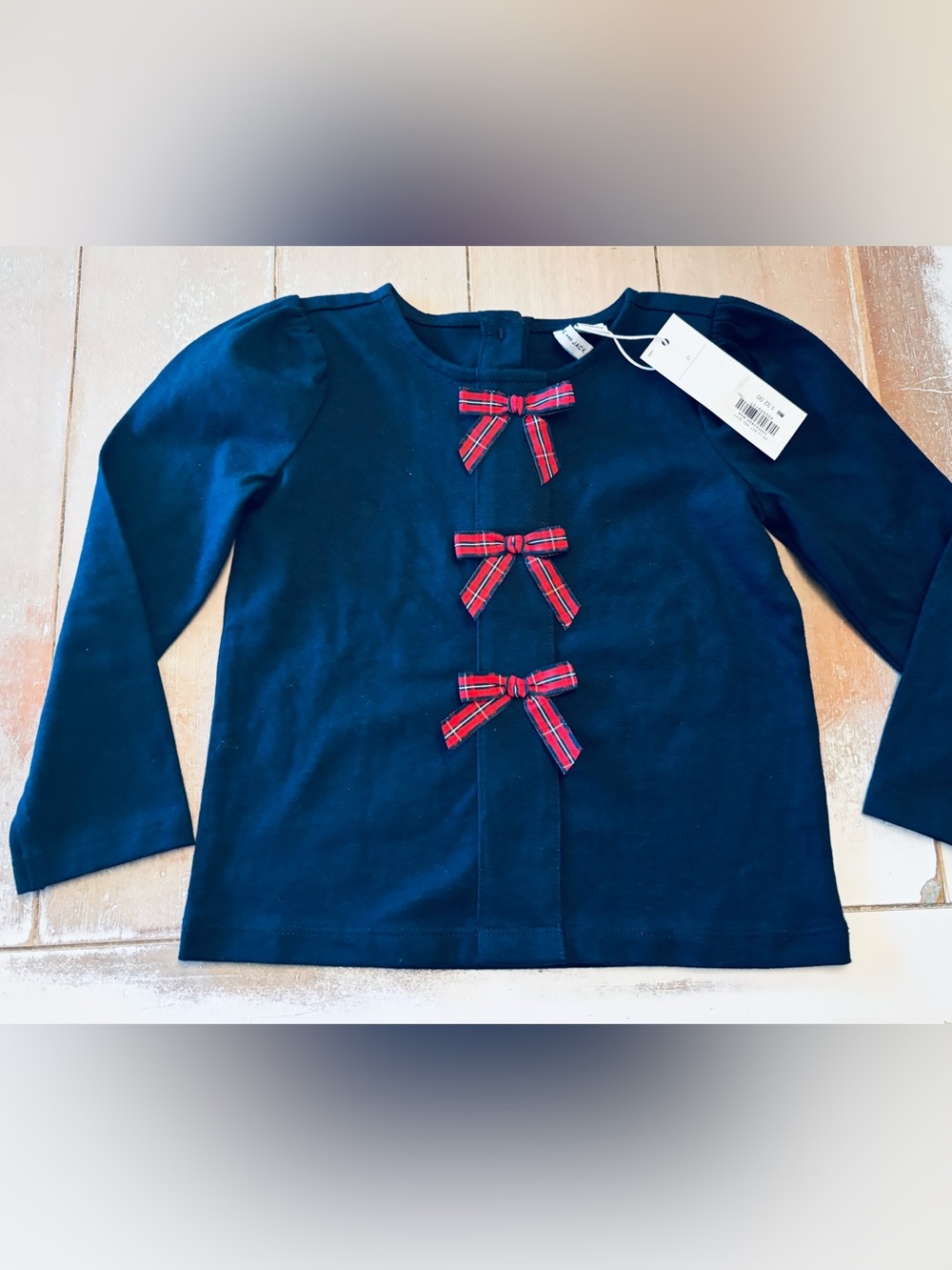 Janie and Jack Navy Long-Sleeve Top with Red Plaid Bows